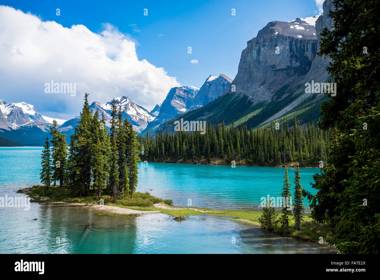 Spirit Island, il Lago Maligne, Jasper National Park, Alberta, Canada Foto Stock