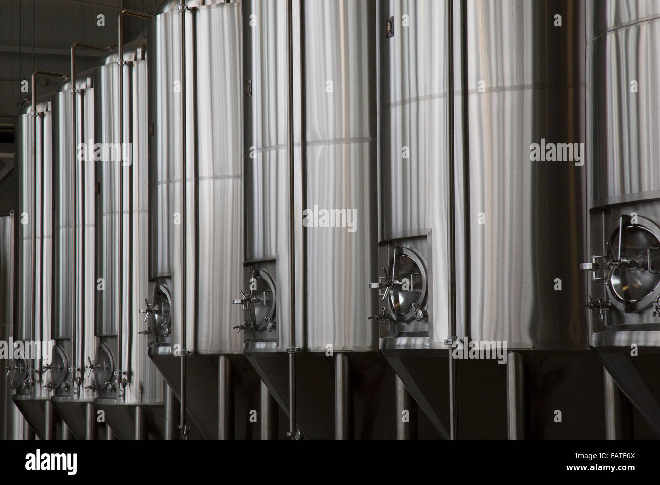 Acciaio inossidabile alcol di vasche di fermentazione in una birreria. Foto Stock