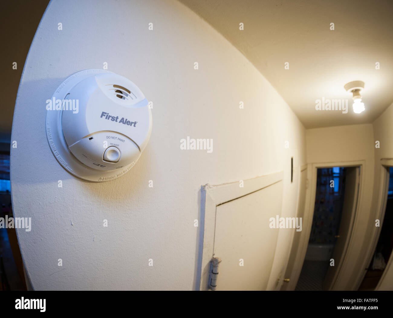A dieci anni dectectors fumo con una batteria non rimovibile sulla parete di un appartamento a New York il Mercoledì, 30 dicembre 2015. NYS Gov. Andrew Cuomo ha firmato in legge un disegno di legge che impone a tutti i rilevatori di fumo sono batterie non rimovibili dal 1 gennaio 2017. I modelli più vecchi sono inclini alla gente che tira fuori le batterie per evitare che la cottura da impostazione disattivare la sveglia. (© Richard B. Levine) Foto Stock