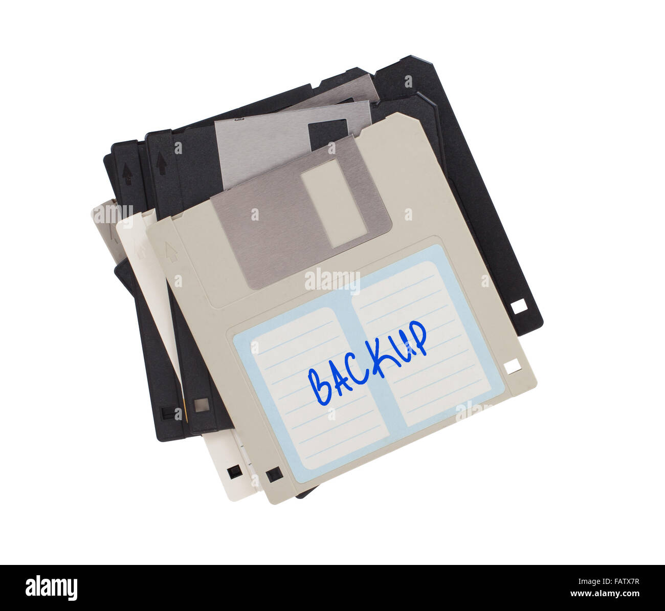 Floppy disk, supporto di memorizzazione isolato su bianco - Backup Foto Stock