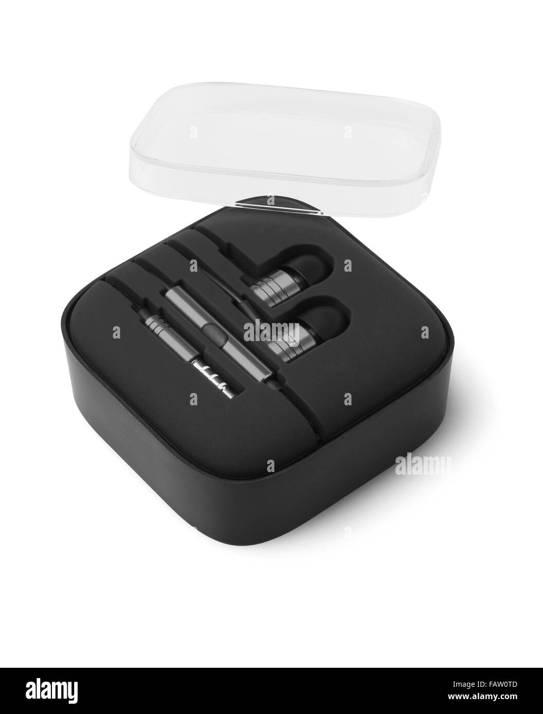 Gli auricolari di plastica in caso di Storage su sfondo bianco Foto Stock