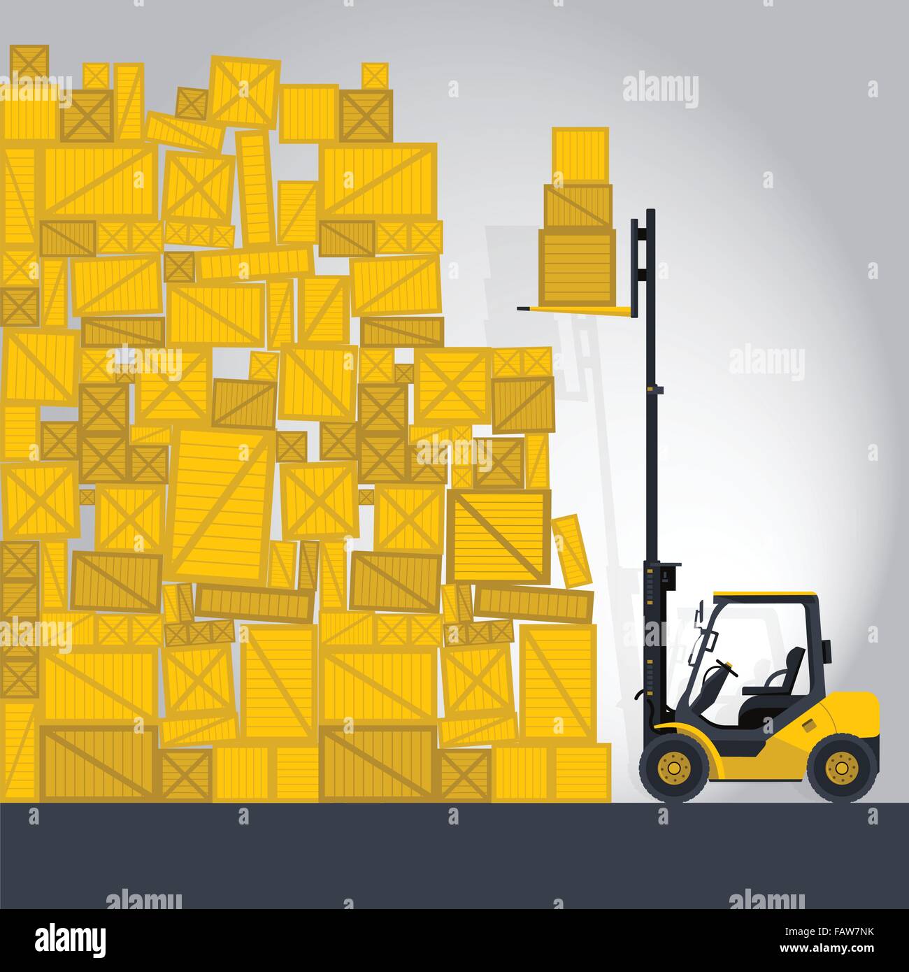 Giallo la forcella di sollevamento caricatore funziona nel negozio di Nizza carichi di sollevamento scatola di cassa nel magazzino di stoccaggio appiattire illustrazione vettore master. Illustrazione Vettoriale