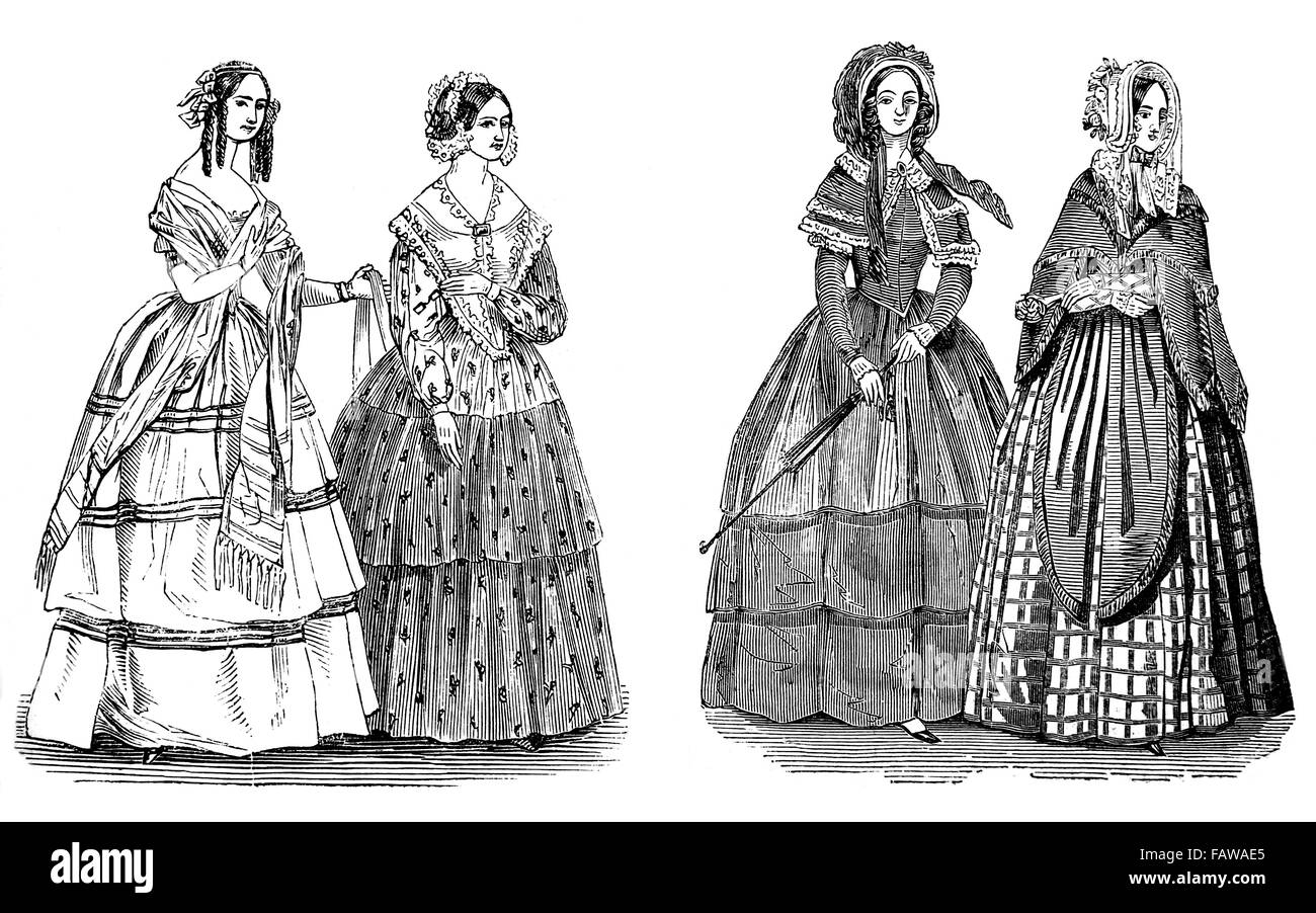 Moda femminile per il mese di agosto 1844. Illustrated London News luglio 1844; Bianco e Nero illustrazione; Foto Stock