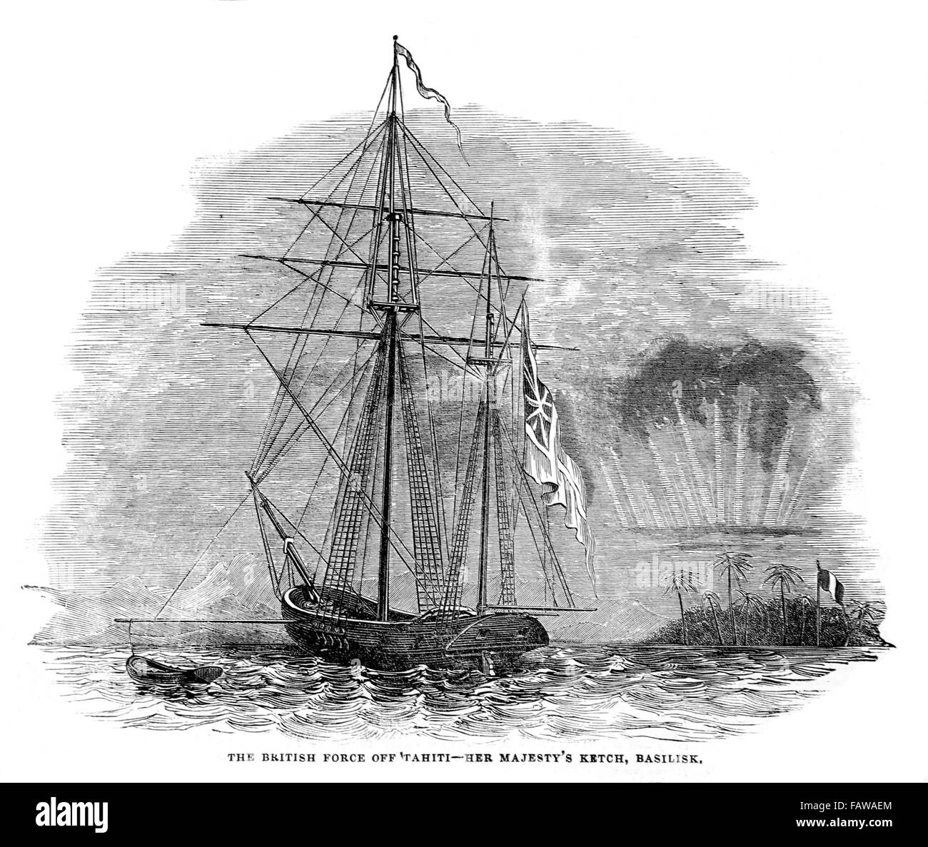 Il tahitiano guerra di indipendenza; la forza britannica off Tahiti, HM Ketch Basilisk; Illustrated London News luglio 1844; nero e di Pentecoste Foto Stock
