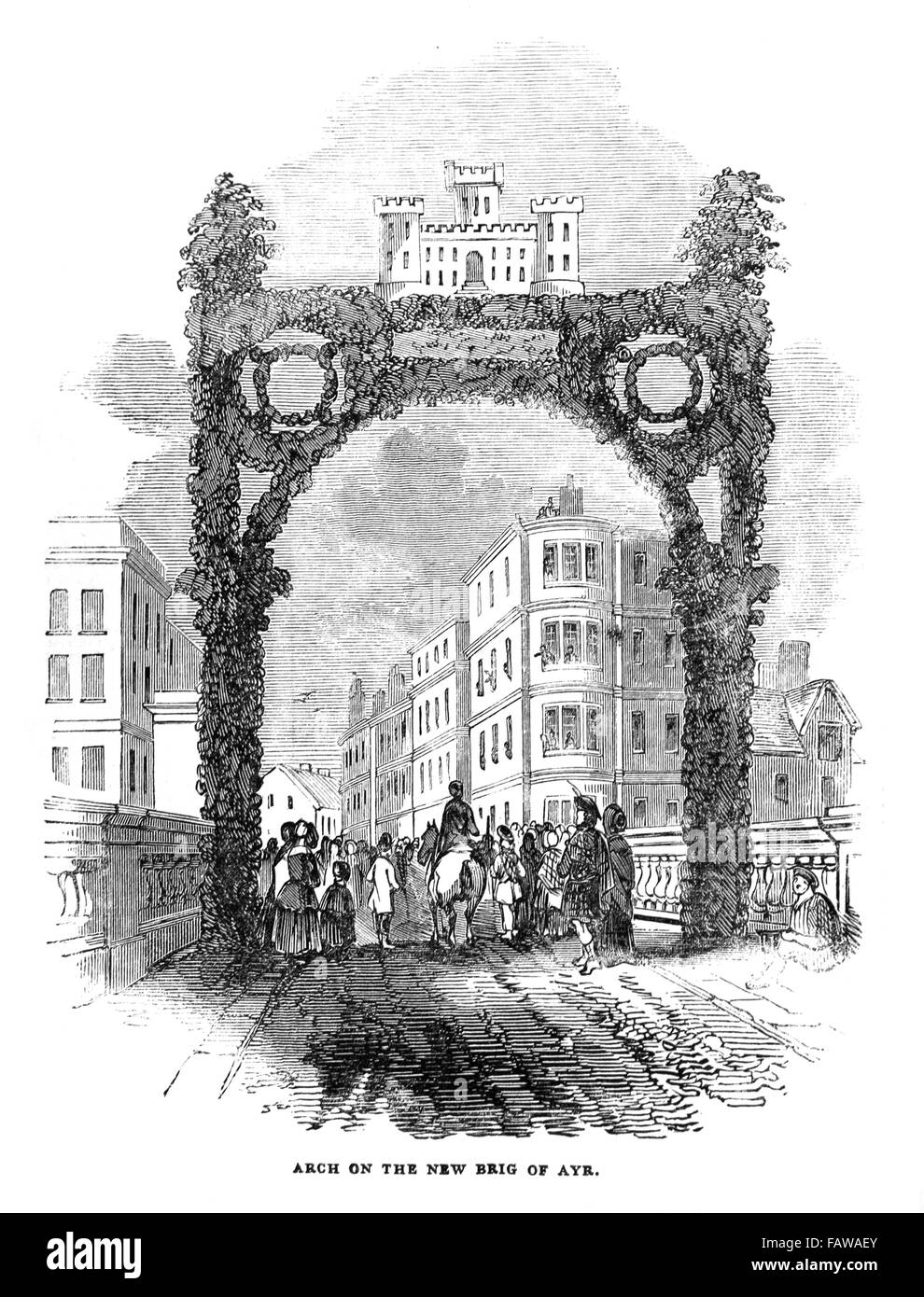 Decorate arcata del ponte nuovo di Ayr, Ustioni Festival Agosto 1844; Illustrated London News luglio 1844; B&W illustrazione Foto Stock