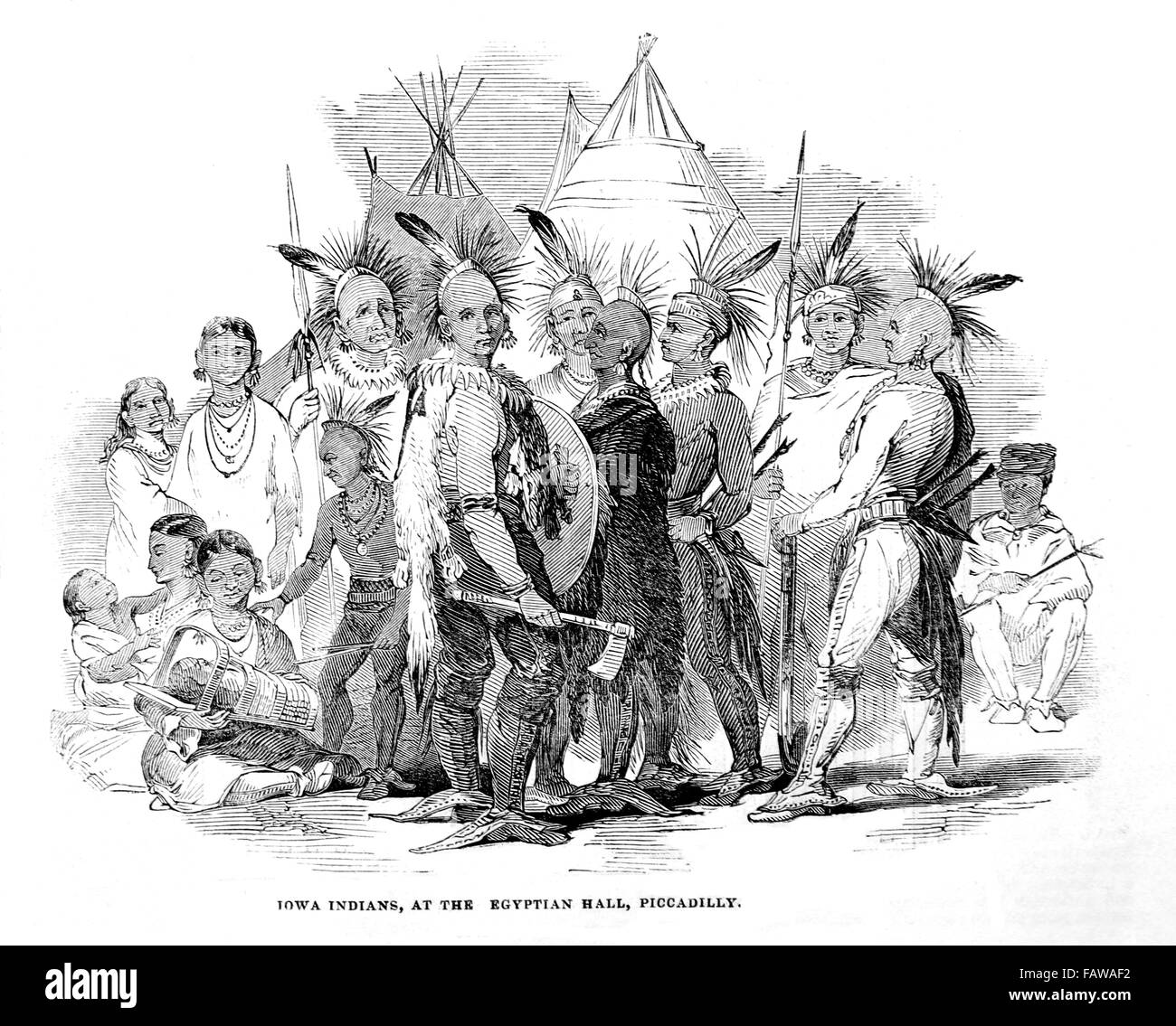 Iowa indiani essendo "esposti" presso la Sala Egizia, Piccadilly, Londra 1844; Illustrated London News Lug 1844; B&W illustrazione Foto Stock