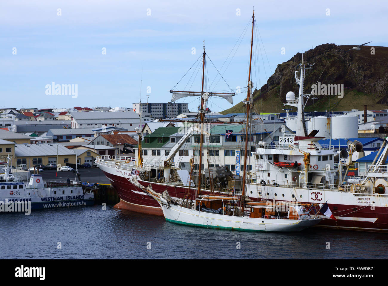 Heimaey città e porto, isole Westman, visto dal vulcano Eldfell, Islanda Foto Stock