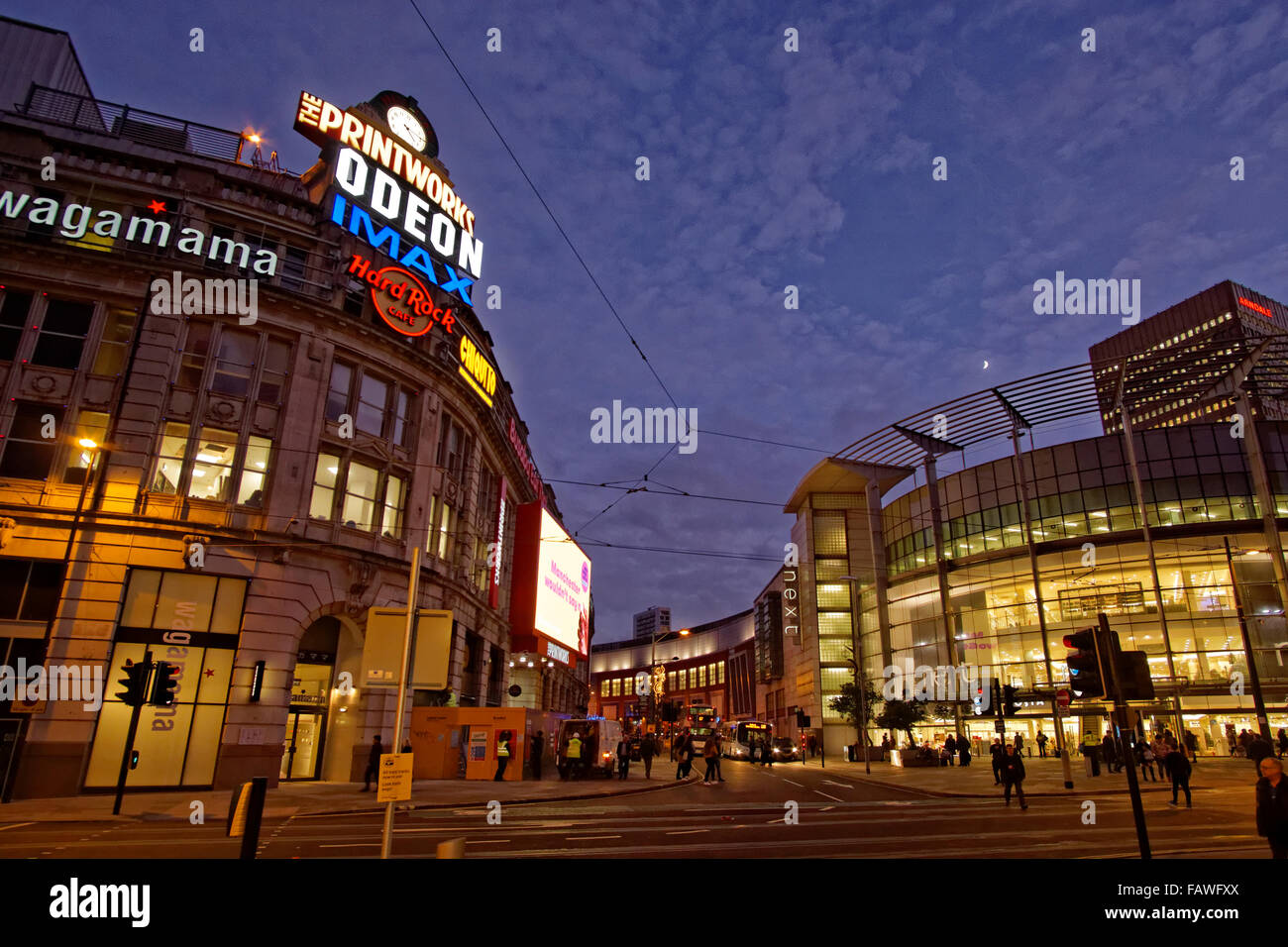 Il Printworks e Arndale Centre su Corporation Street nel centro della città di Manchester, Inghilterra England Regno Unito. Foto Stock