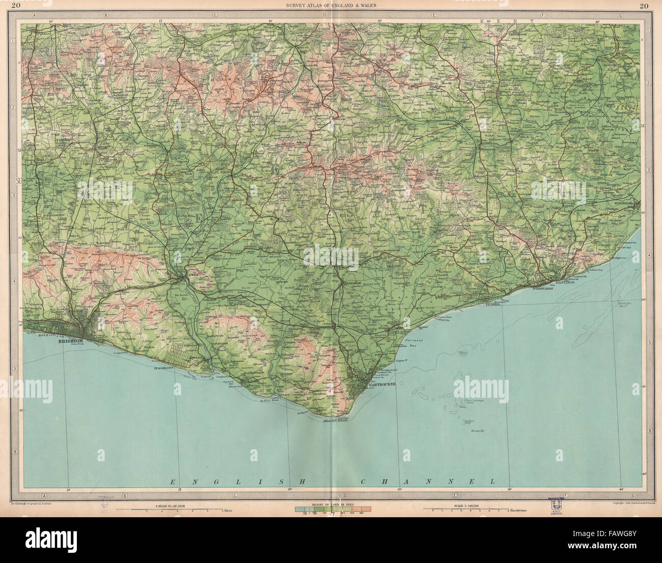 EAST SUSSEX: Brighton Eastbourne Bexhill Hastings Ashdown Forest.Grande, 1939 Mappa Foto Stock