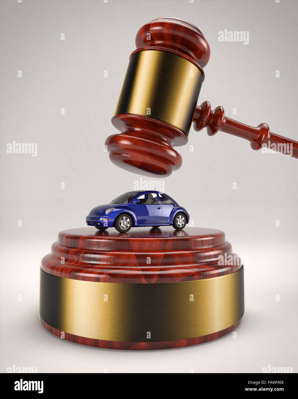 3D illustrazione di una Volkswagen maggiolino in procinto di essere schiacciato da un giudice di martello Foto Stock