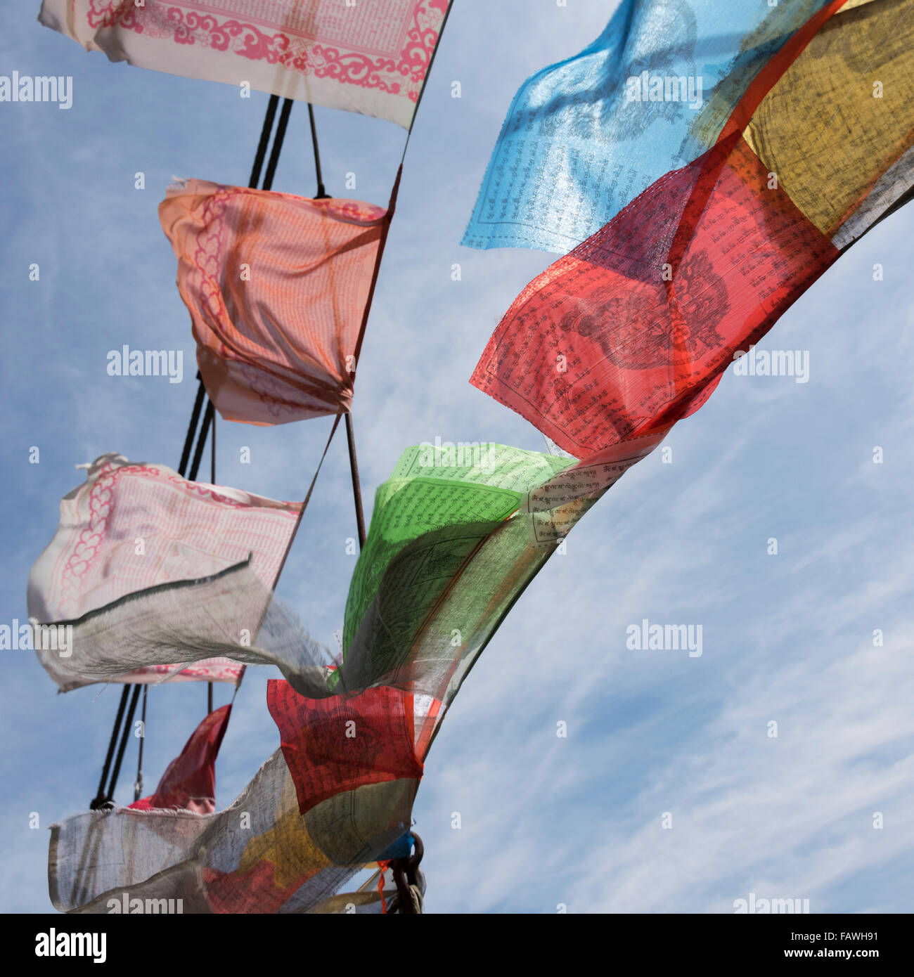 Colorati bandiere di preghiera; Thimphu Bhutan Foto Stock