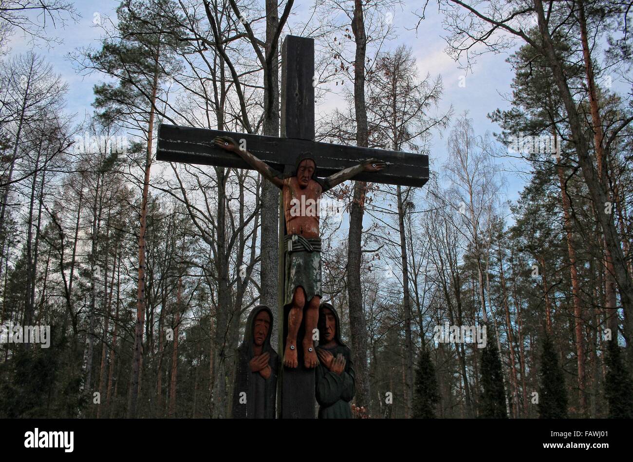 Szpegawsk, Polonia 5th, Gennaio 2015 nella foresta vicino Szpegawsk, Polonia settentrionale (Las Szpegawski) Nazisti tedeschi sterminati vicino a 7000 Polacco e inhibitians ebraica di Starogard Gdanski e Kociewie e regioni di Pomerania. Le vittime sono state sepolte in massa di 39 box. Gli attivisti nazionali, insegnanti, sacerdoti, di intellettuali e di ospedale psichiatrico in Kocborowo pazienti sono stati assassinati in Szpegawski foresta. Credito: Michal Fludra/Alamy Live News Foto Stock