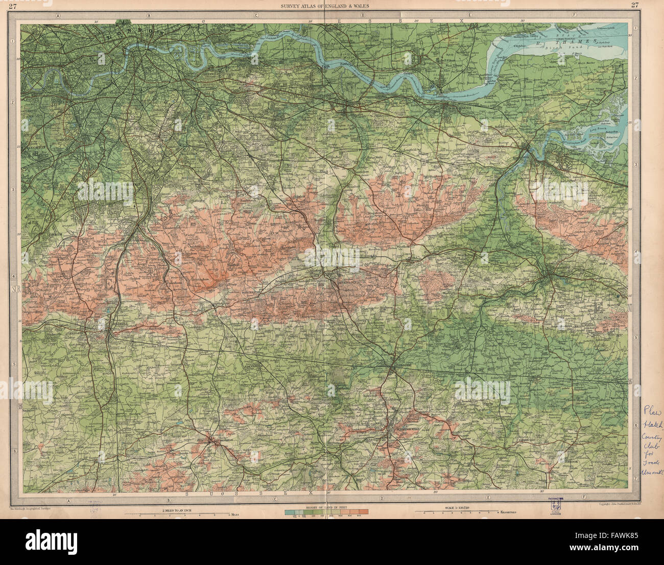 SOUTH LONDON & North Downs: Chatham Tonbridge Maidstone. Kent Surrey, 1939 Mappa Foto Stock