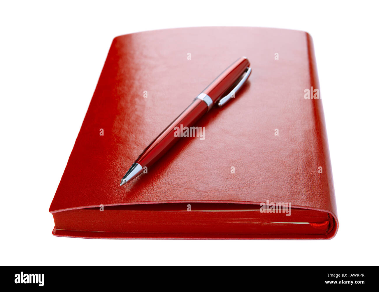 Diario e penna a sfera rosso Foto Stock