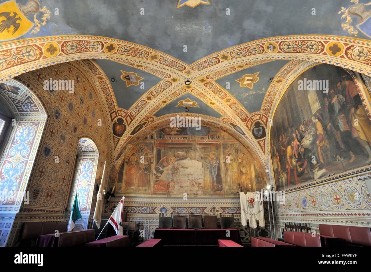 Sala del Consiglio, Palazzo dei Priori, Volterra, Toscana, Italia Foto Stock