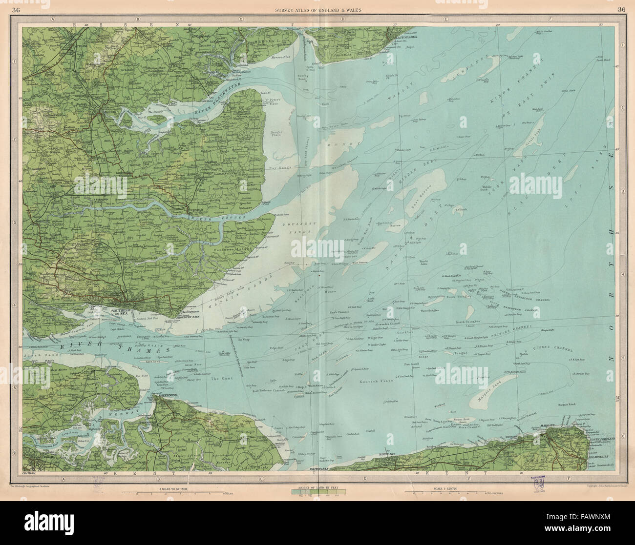 La Thames Estuary: Medway Southend-on-Sea Sheerness Margate Clacton.Grande, 1939 Mappa Foto Stock