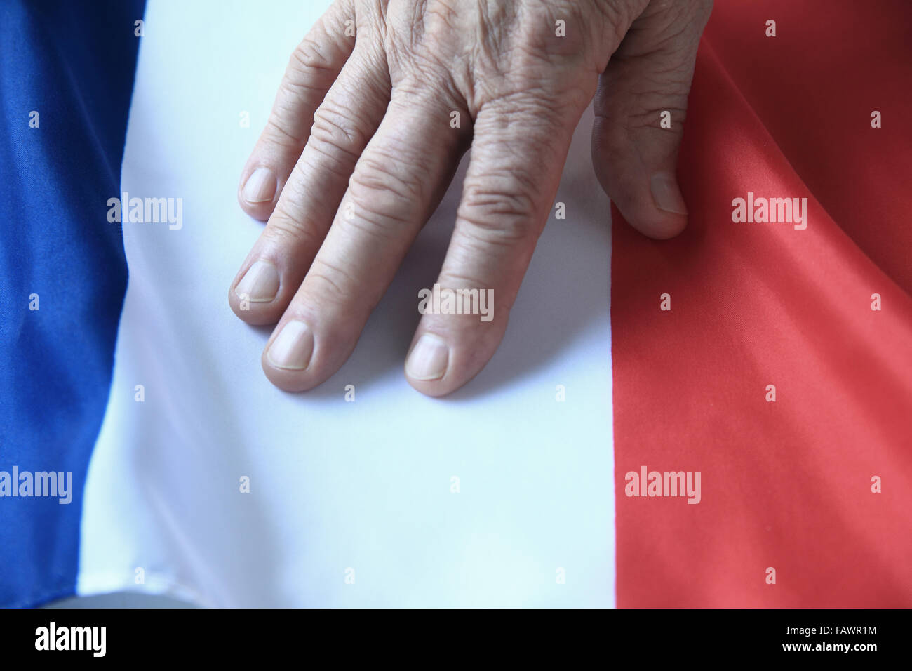 Mano d'uomo in appoggio sulla bandiera della Francia Foto Stock