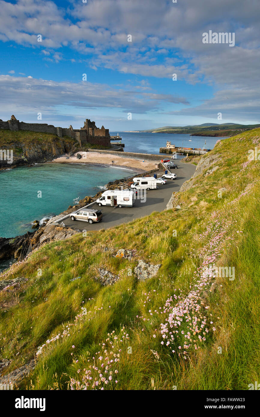Buccia; il castello e il porto; Isola di Man; Regno Unito Foto Stock