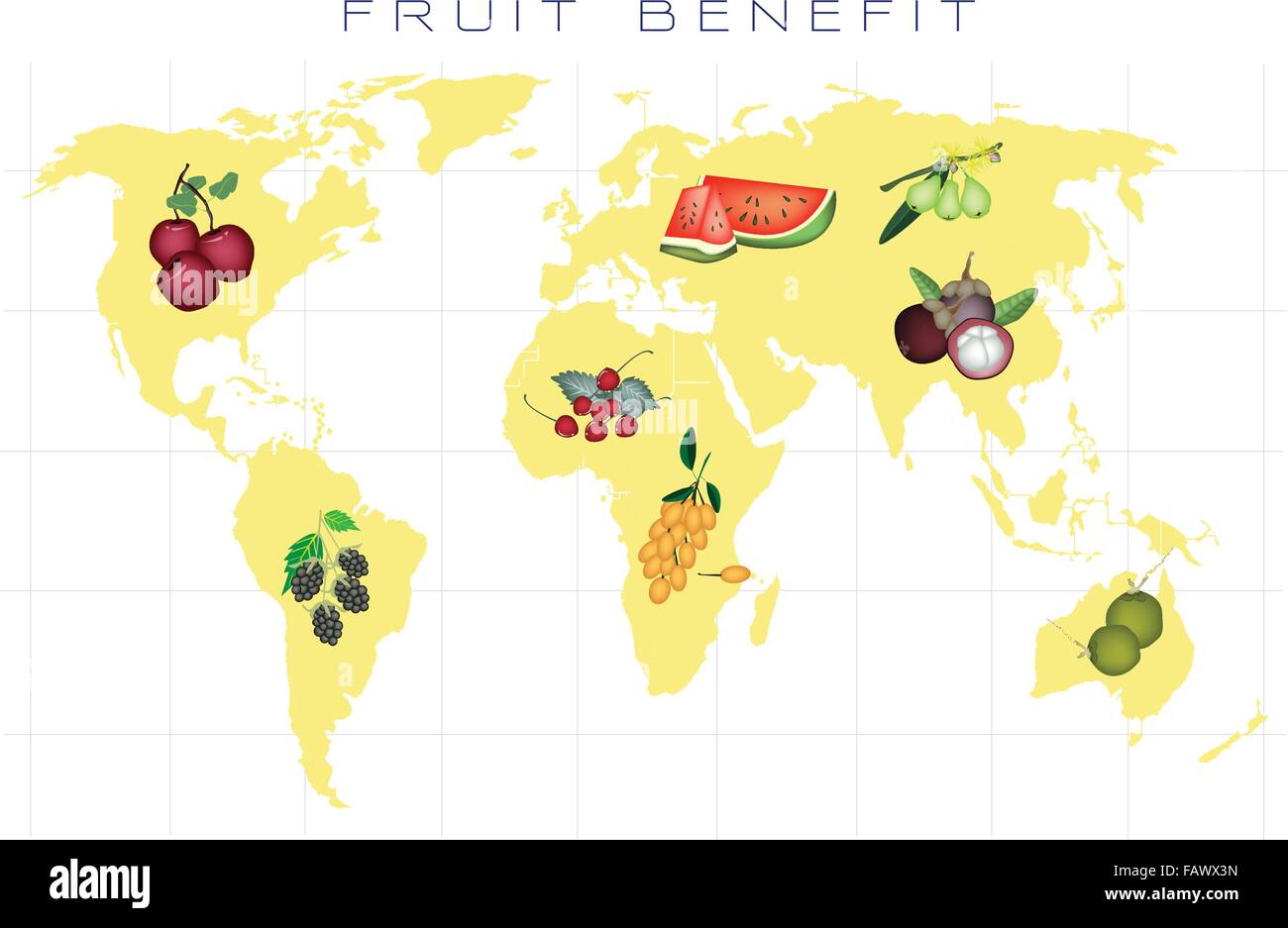 Vantaggi di cibo, una mappa di vario genere di frutta di produzione e di distribuzione su scala globale Illustrazione Vettoriale