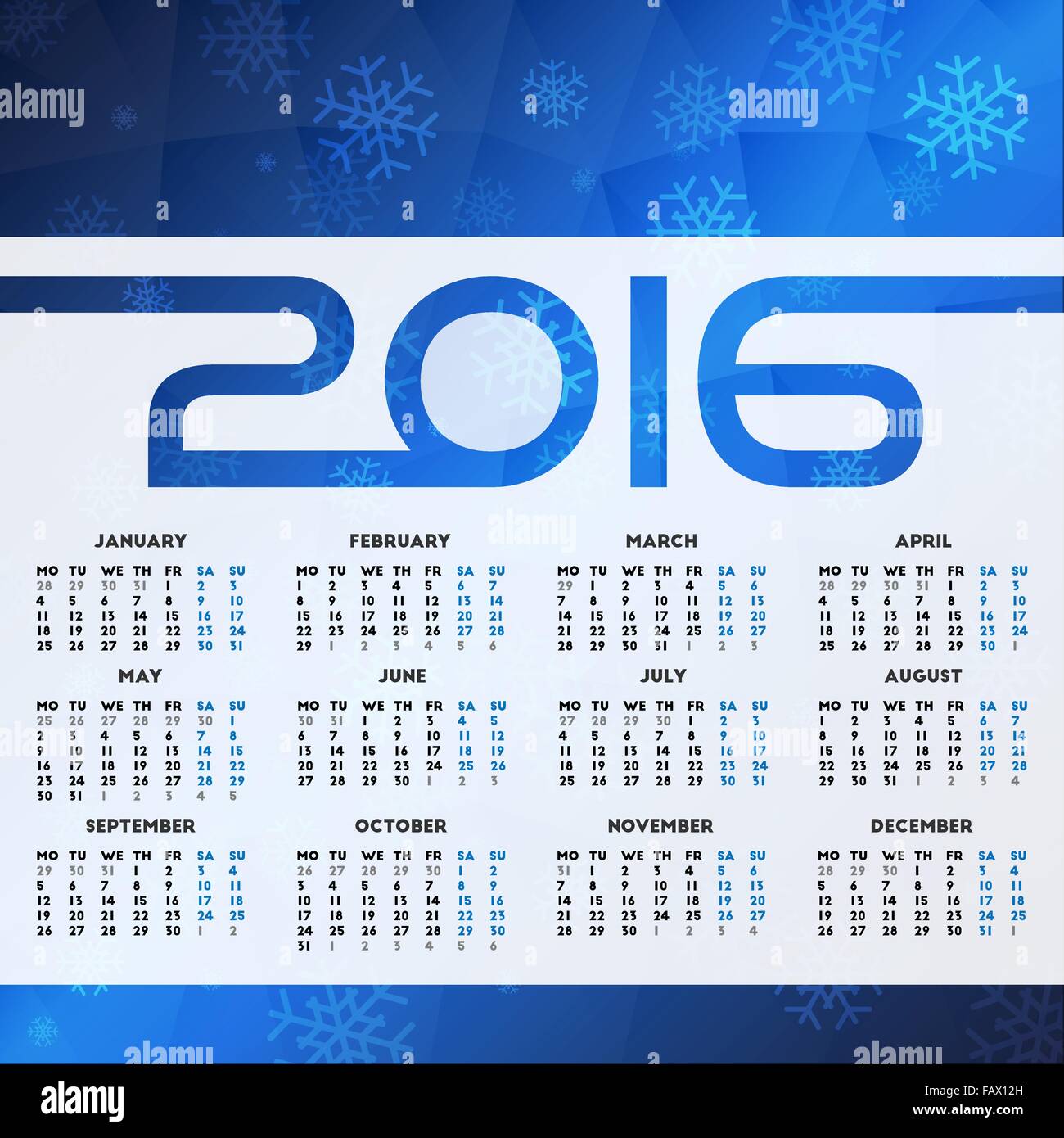 Calendario 2016 design. La settimana inizia il lunedì Illustrazione Vettoriale