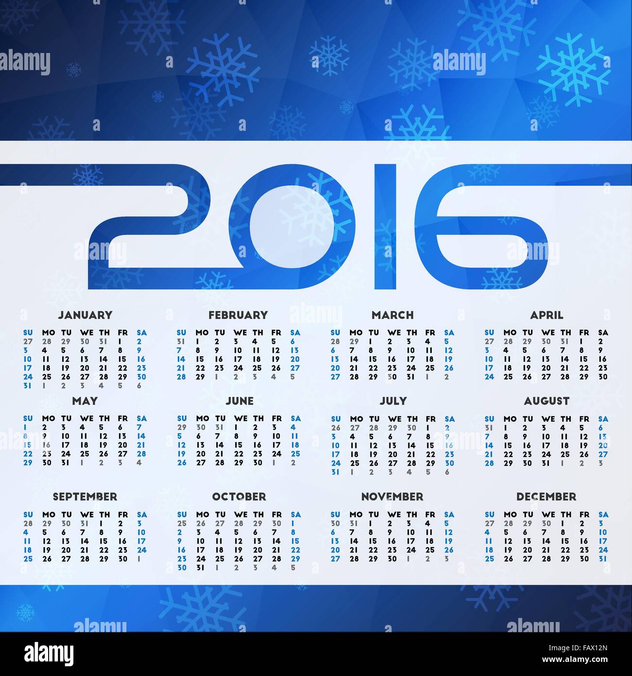 Calendario 2016 design. Settimana comincia la domenica Illustrazione Vettoriale