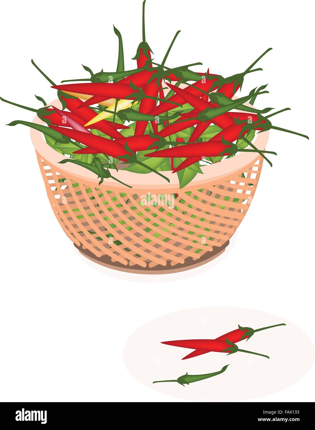 Frutta fresca di stagione, freschi Peperoncino Rosso e Verde Hot Chili Pepper su un bel cesto di vimini Illustrazione Vettoriale