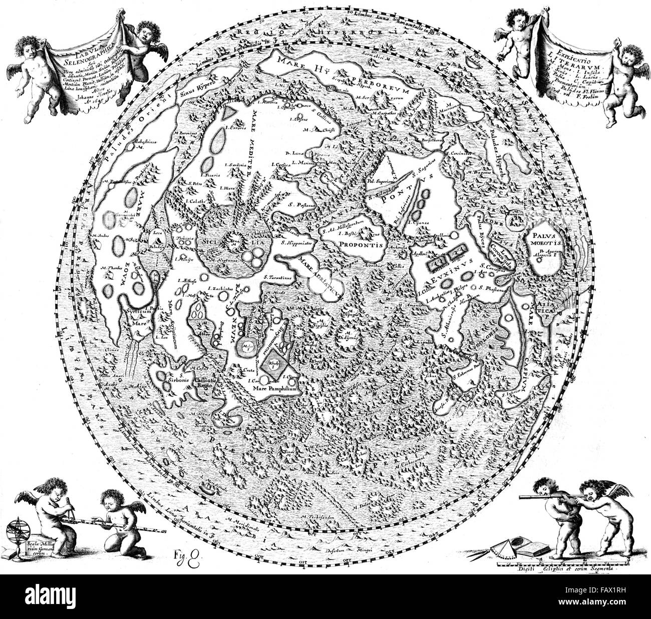 JOHANNES HEVELIUS (1611-1687) Polish-Lithuanian astronomo. Il suo 1645 mappa della Luna. Foto Stock
