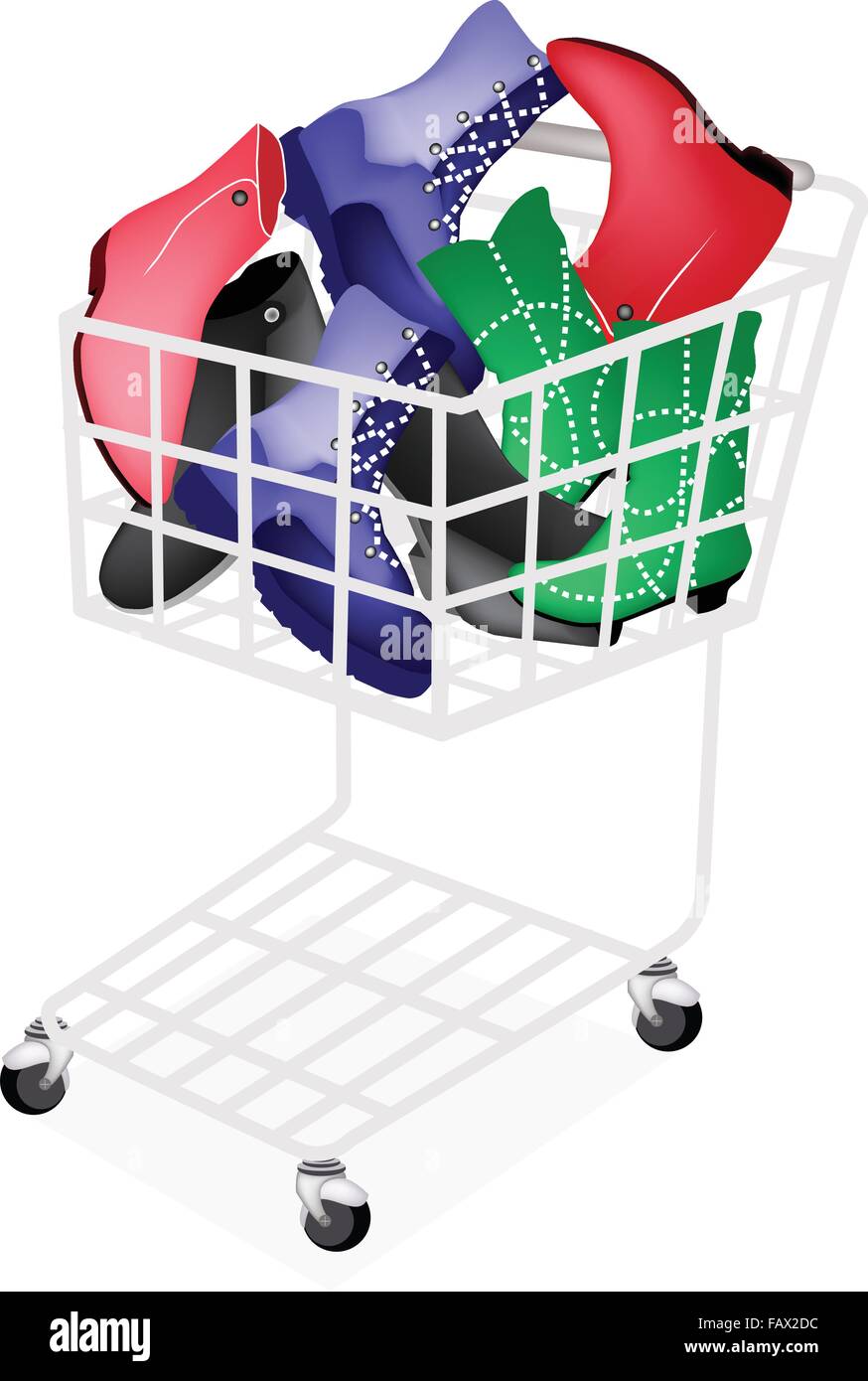 Un carrello pieno con vari stili di moda donna Stivaletto isolati su sfondi bianchi. Illustrazione Vettoriale