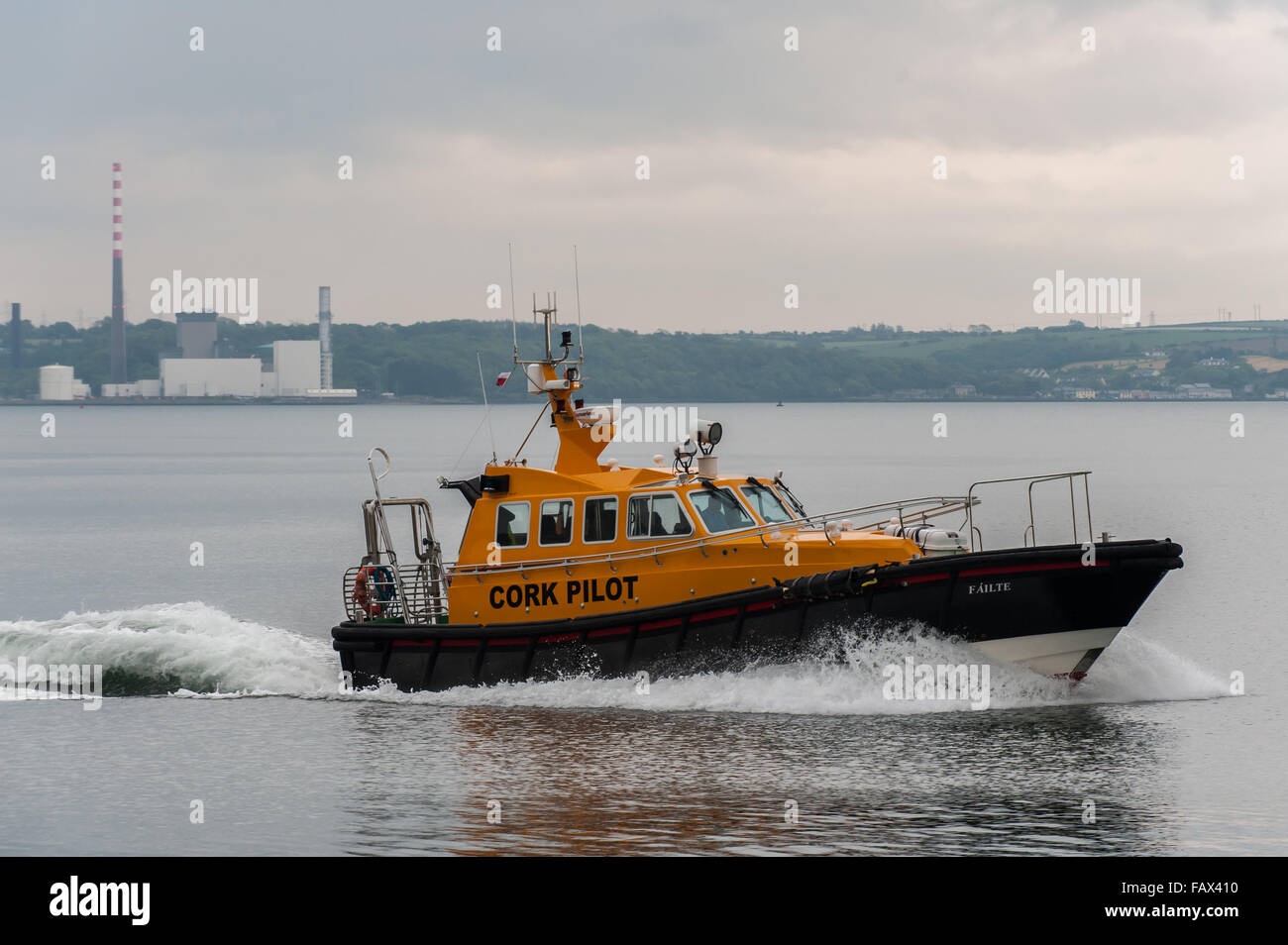 Cork imbarcazione pilota "Fáilte" in pattuglia nel porto di Cork, Cobh, Irlanda con spazio per la copia. Foto Stock