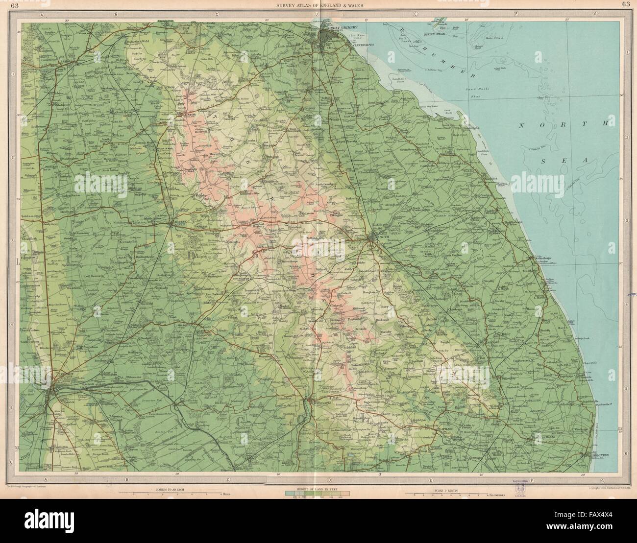 LINCOLNSHIRE WOLDS: Lincoln Grimsby Louth Skegness Horncastle. Grande, 1939 Mappa Foto Stock