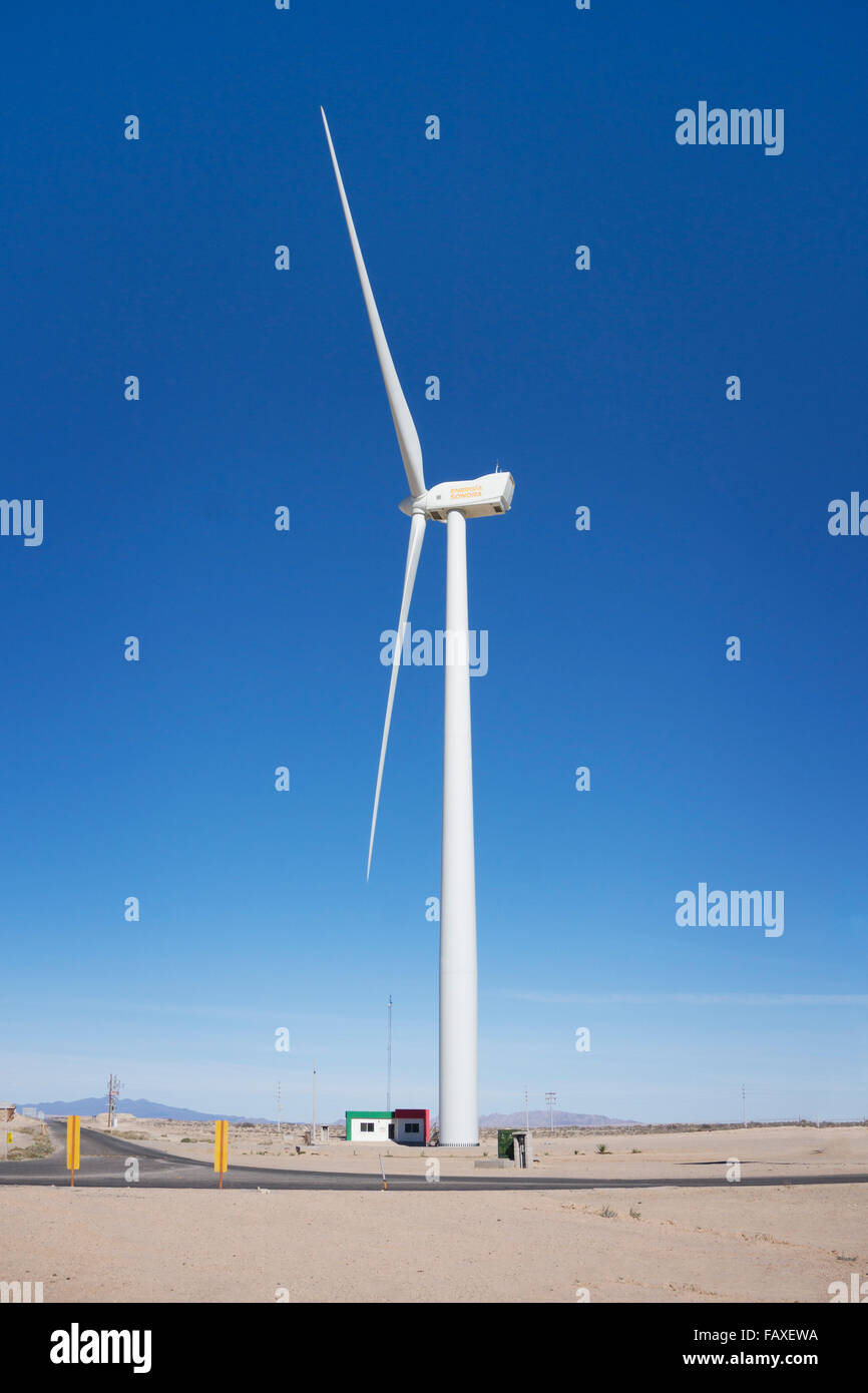 Una turbina eolica è una graziosa vista al bivio nel deserto di Sonora che conduce da Puerto Penasco alle spiagge del nord & beach sviluppi Foto Stock