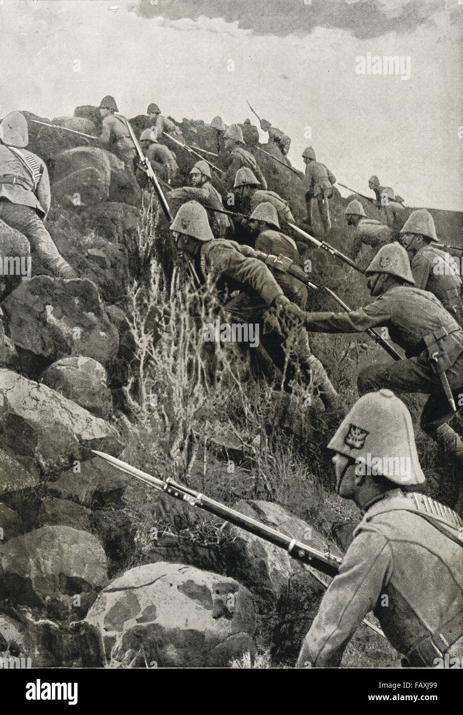 Guerra Boera canadesi storming un Kopje, Paardeberg, 1900 Foto Stock