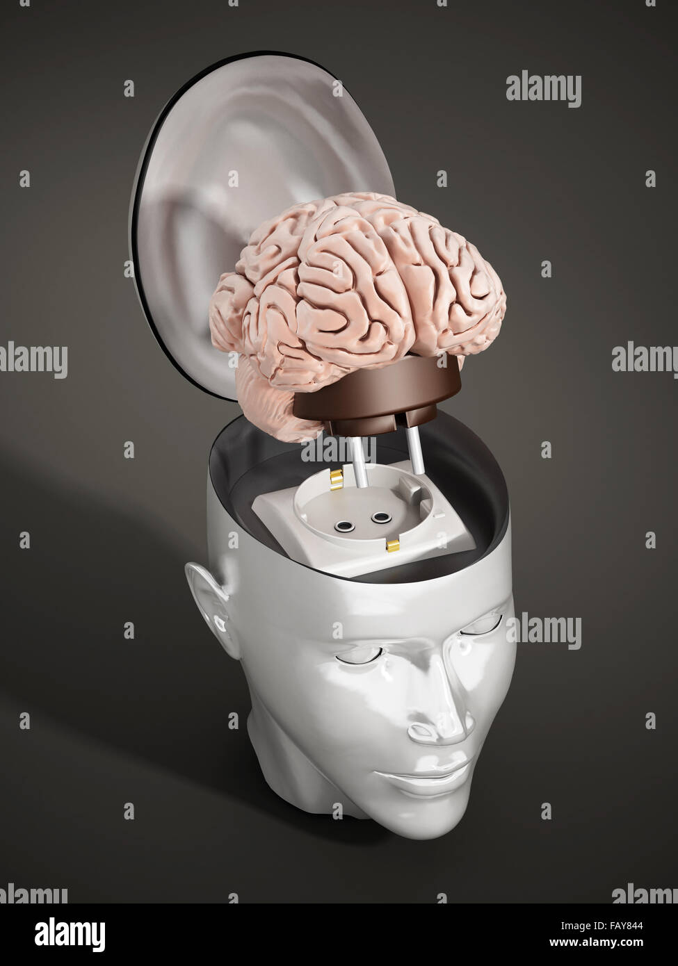 Cervello con una spina di energia elettrica collegata alla testa umana. Foto Stock