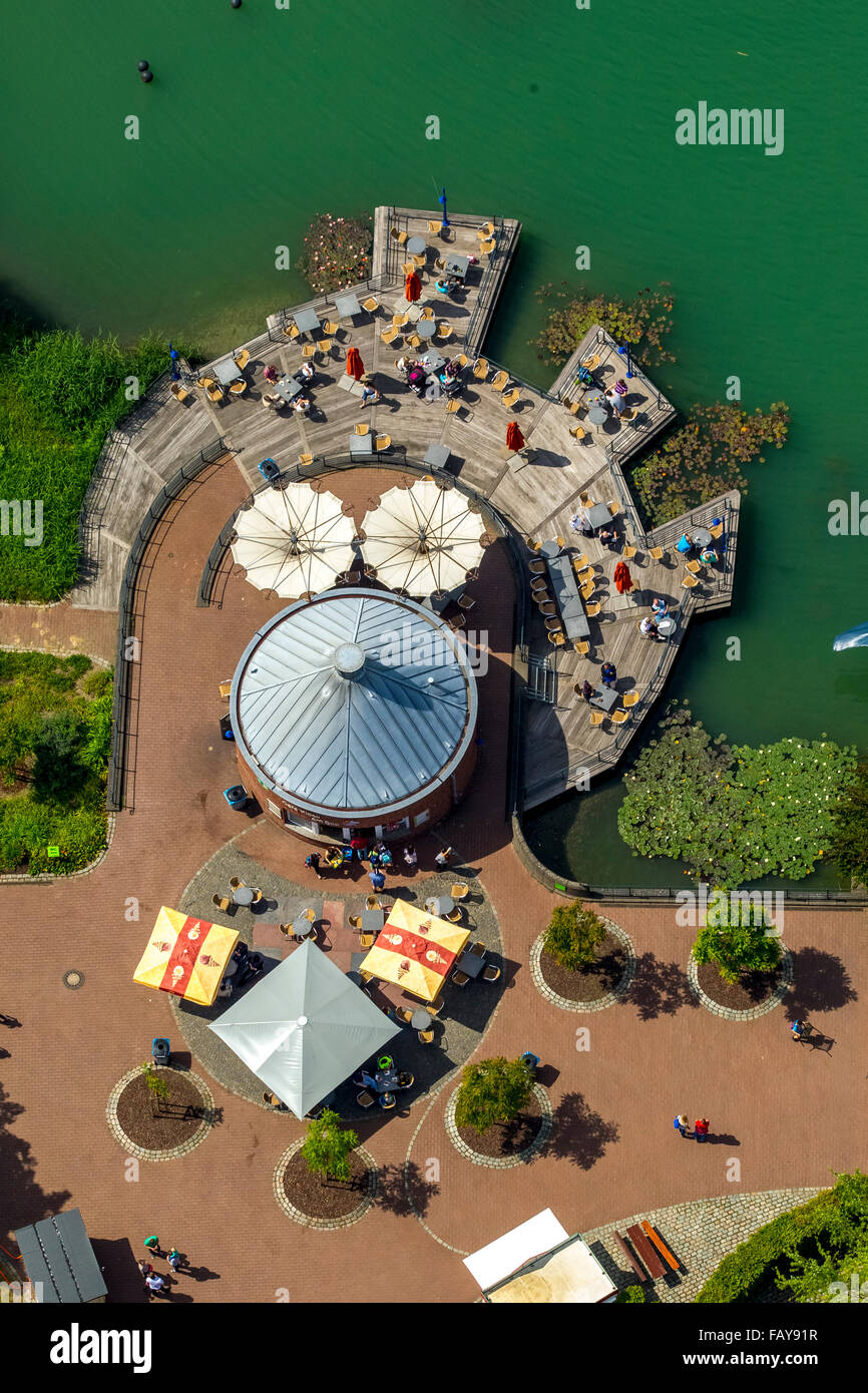 Vista aerea, Maxipark Hamm, gastronomia, ristorazione all'aperto, parco pubblico, tavoli, sedie, letto, caffè, pausa, pausa, chiosco Foto Stock