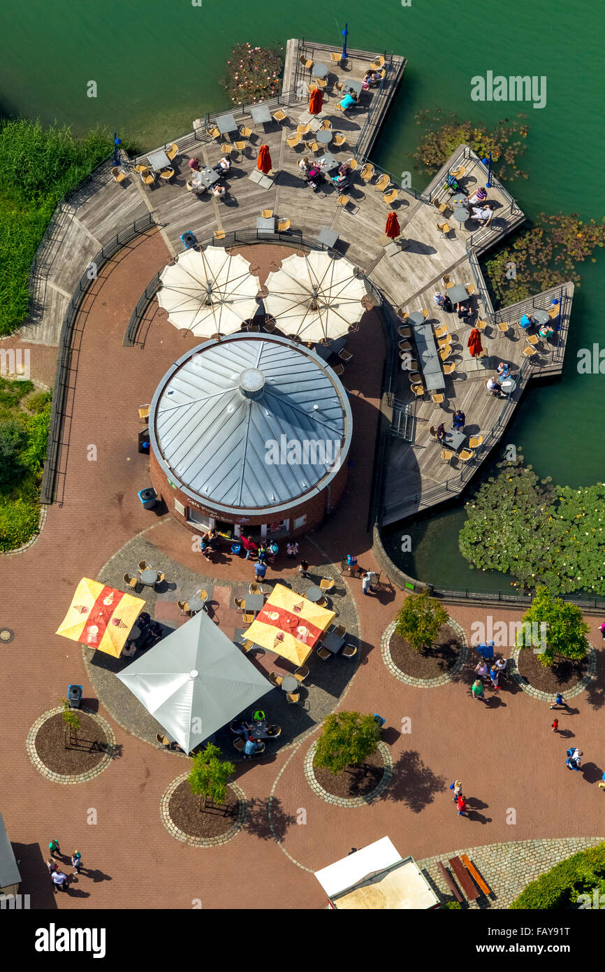 Vista aerea, Maxipark Hamm, gastronomia, ristorazione all'aperto, parco pubblico, tavoli, sedie, letto, caffè, pausa, pausa, chiosco Foto Stock