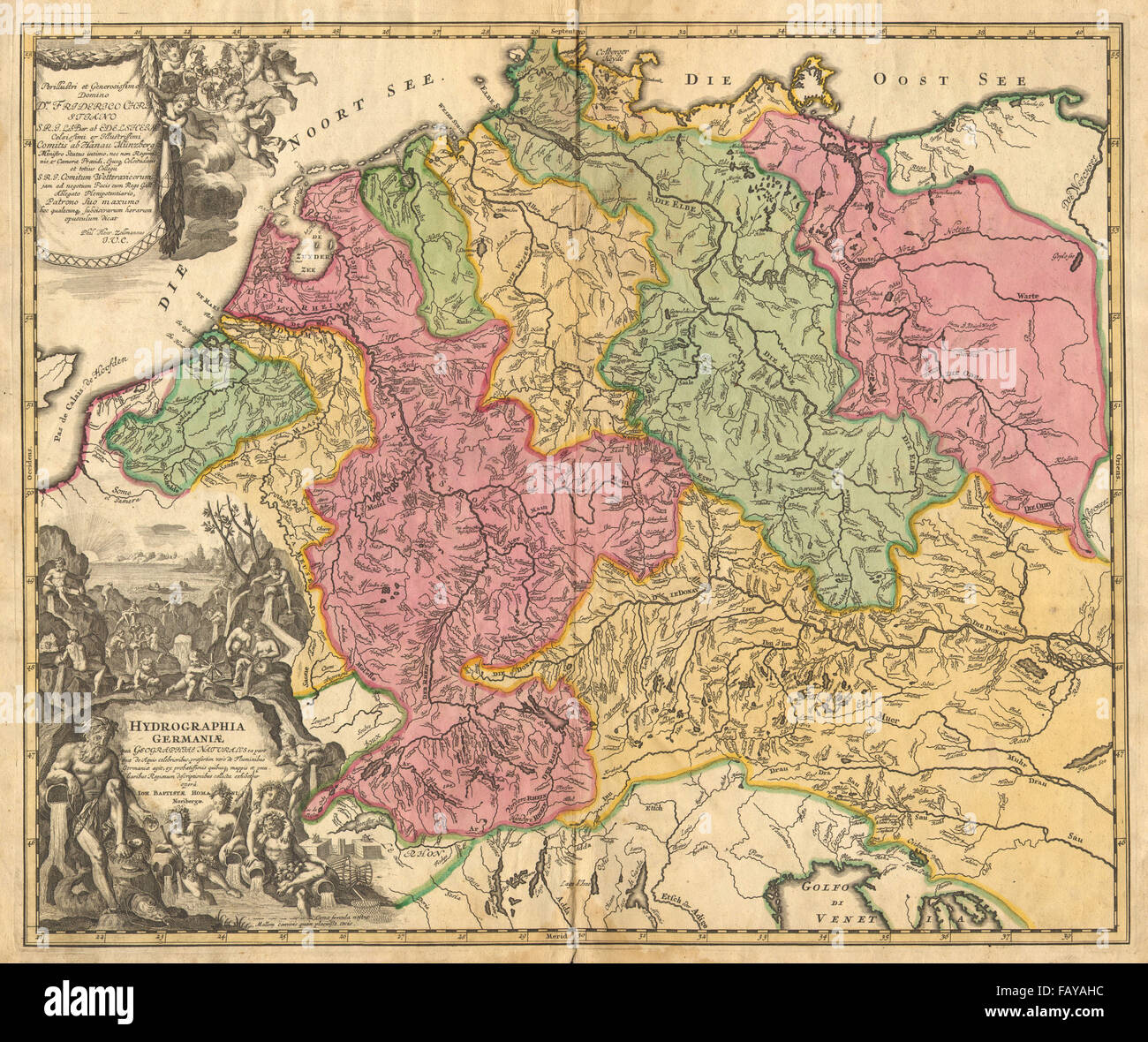 "HYDROGRAPHIA GERMANIAE". Bacini fluviali. Reno Danubio Elba.HOMANN (, c1730 mappa Foto Stock