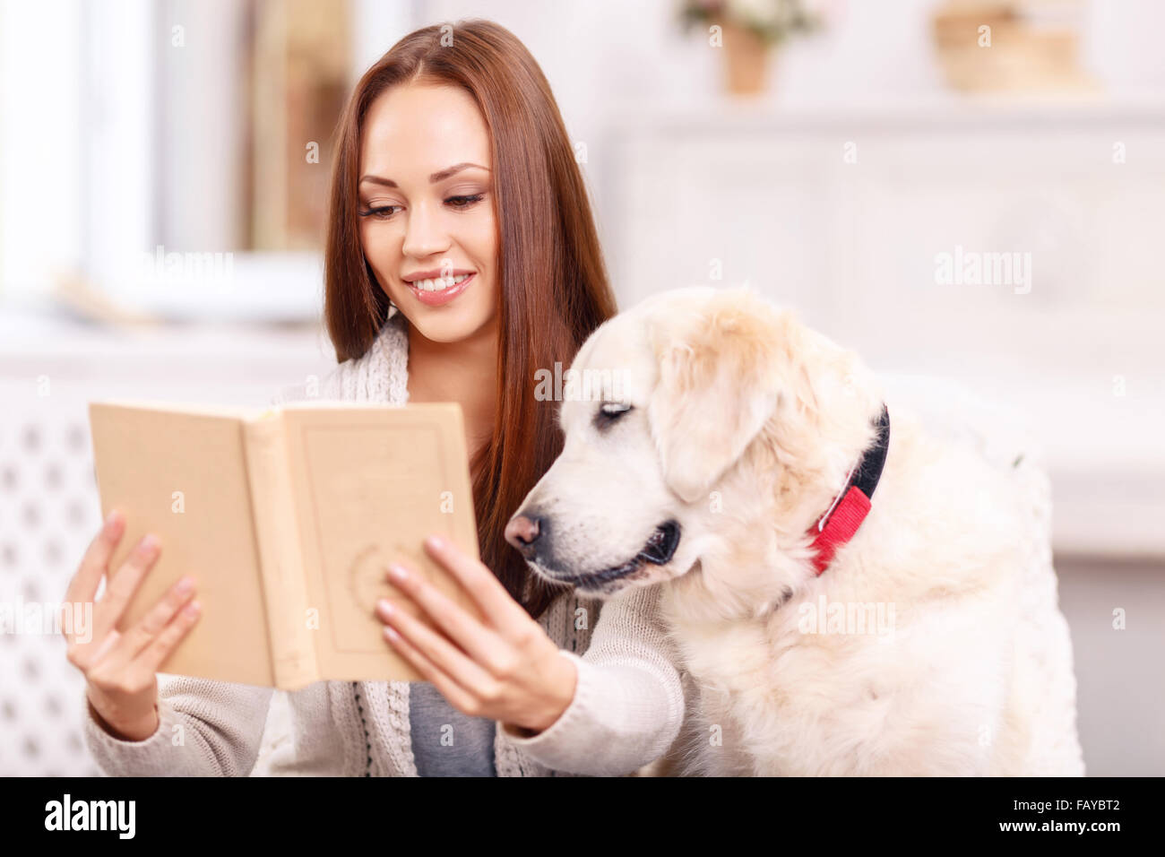 Signora giovane che mostra un libro per il suo animale domestico. Foto Stock