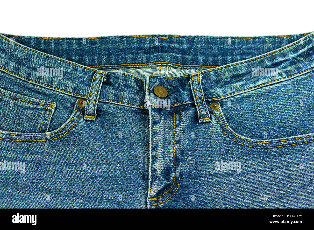 Jeans Denim closeup texture e isolato su sfondo bianco Foto Stock