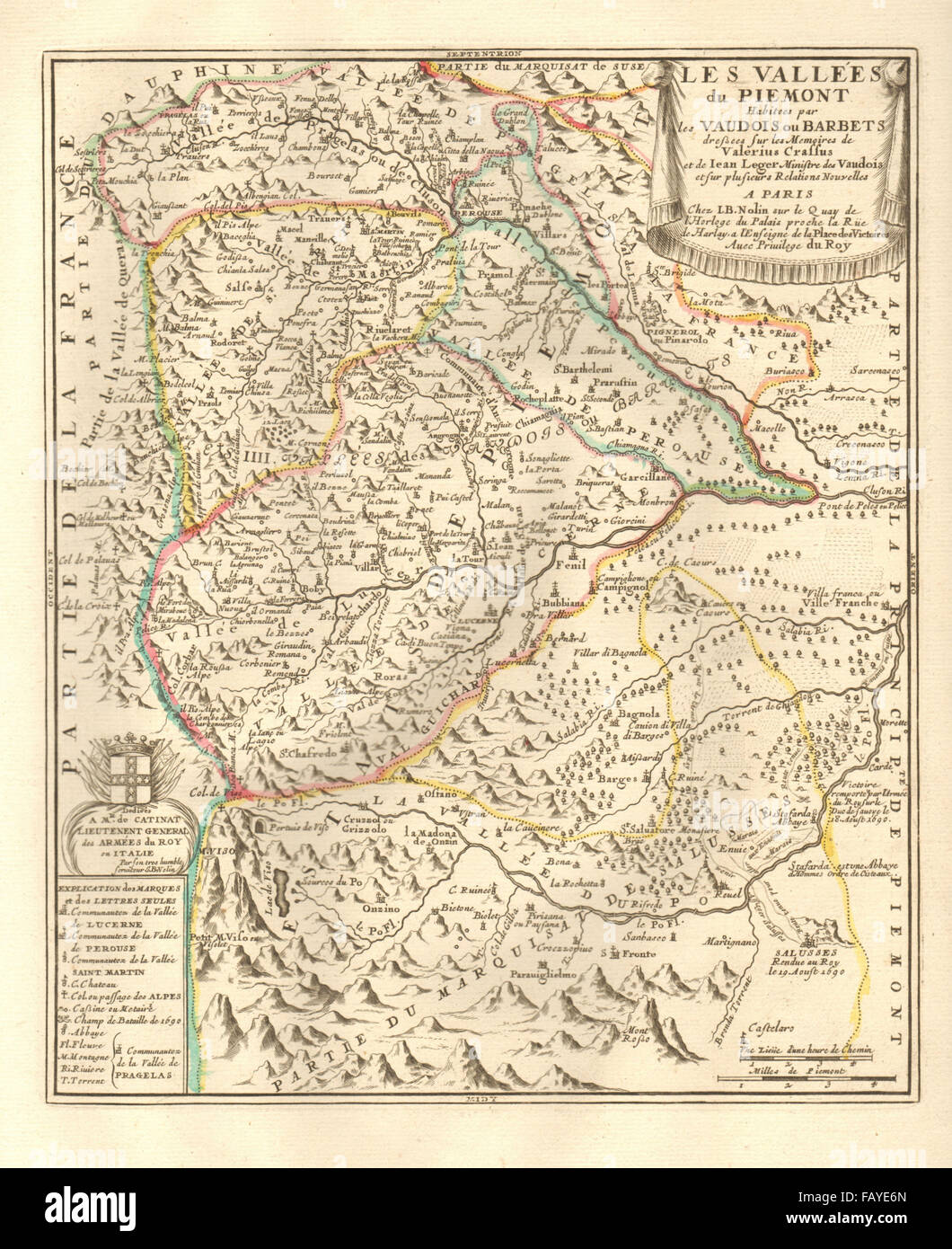 'Les vallées du Piemont habitees par les Vaudois". Piemonte. NOLIN, c1740 mappa Foto Stock