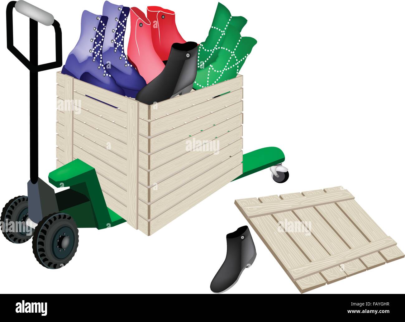 Forca pallet carrello il caricamento di una cassetta di legno o il box di carico pieno con vari stili di moda donna stivaletto, pronto per Shippin Illustrazione Vettoriale