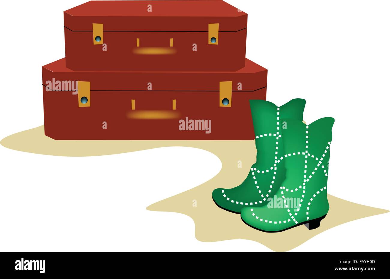 Un bagaglio o valigia viaggio con moda donna Stivaletto isolati su sfondo bianco, prepararsi al viaggio all'estero. Illustrazione Vettoriale