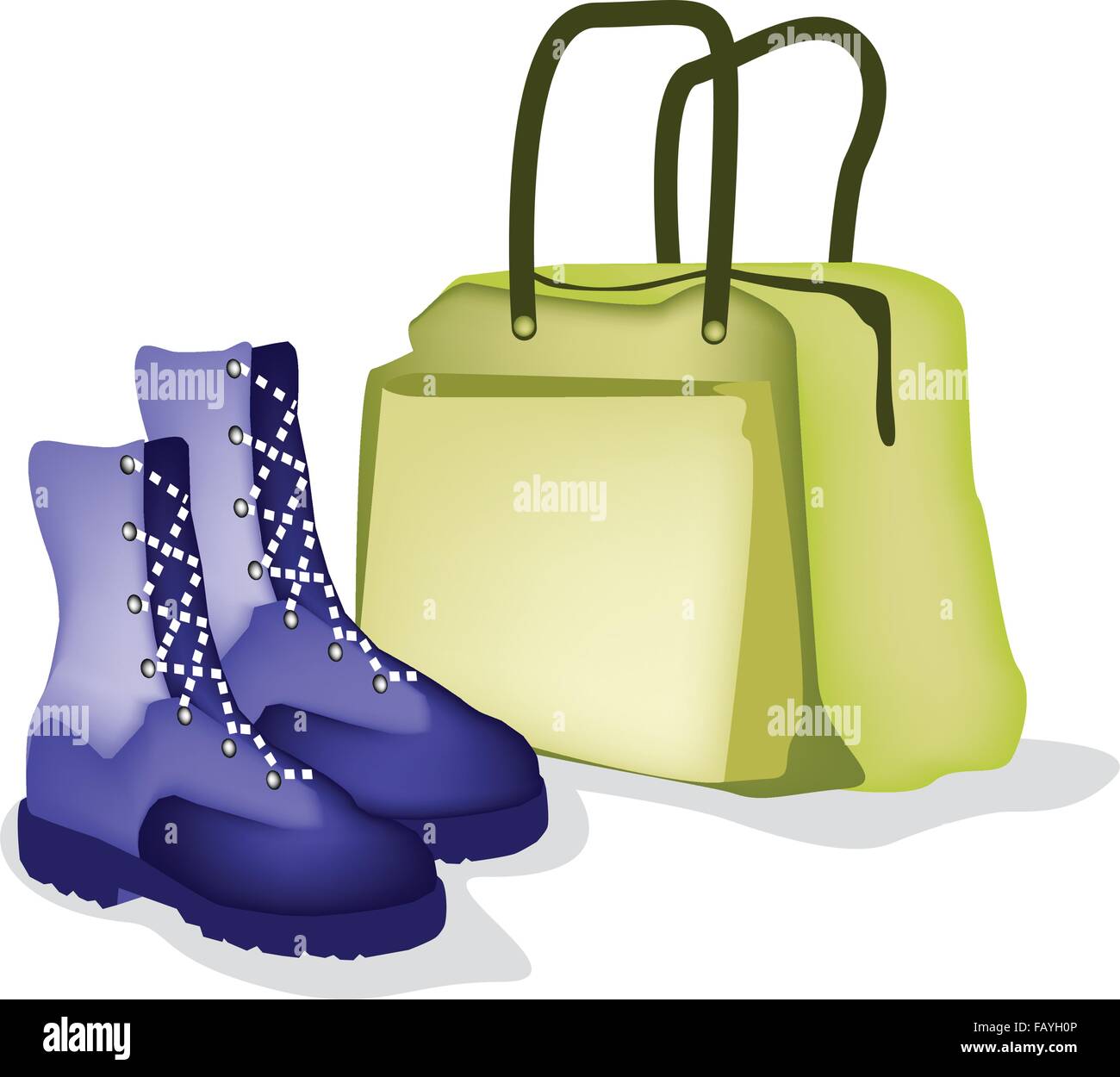 Un bagaglio o borsa da viaggio con moda donna Stivaletto isolati su sfondo bianco, prepararsi al viaggio all'estero. Illustrazione Vettoriale