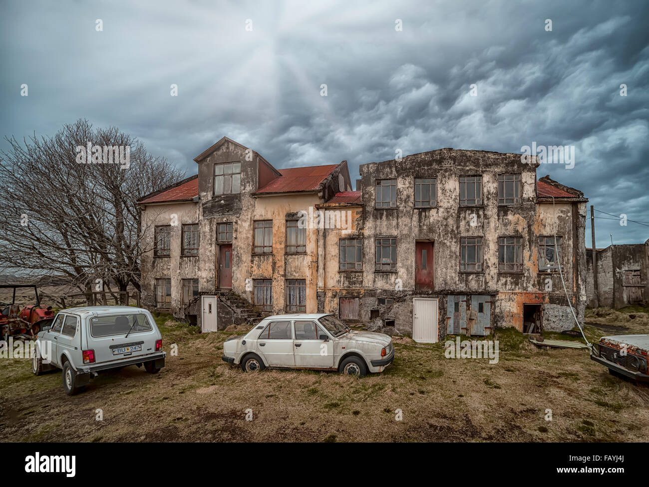 Vecchia Fattoria e la scuola di nome Holmur, Kirkjubaejarklaustur, Islanda Foto Stock