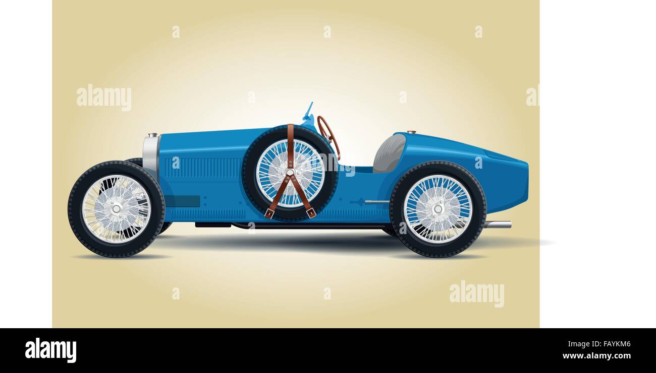 Blu classico retrò racing car bugatti per i notabili - Funny fittizio di Nizza berlina limousine isolato illustrazione vettore master Illustrazione Vettoriale