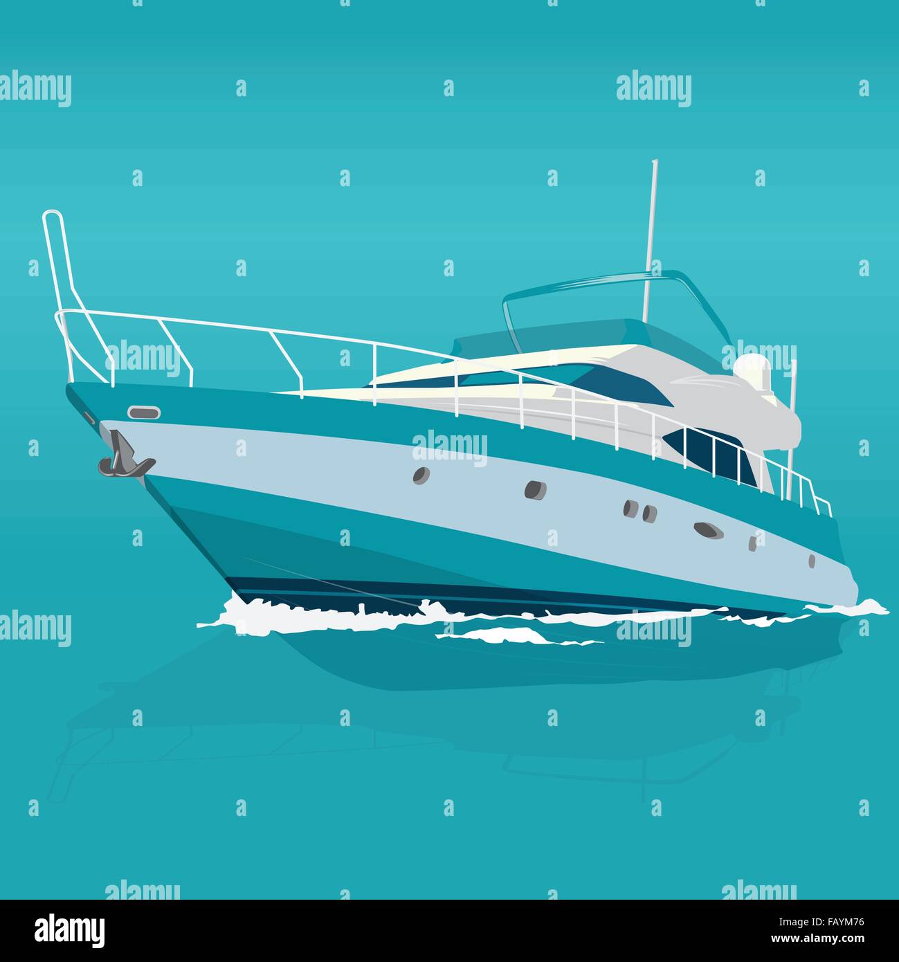 Un bel blu con una barca a motore sul mare - la pesca su una nave - Sfondo per poster - appiattire isolato illustrazione master icona vettore Illustrazione Vettoriale