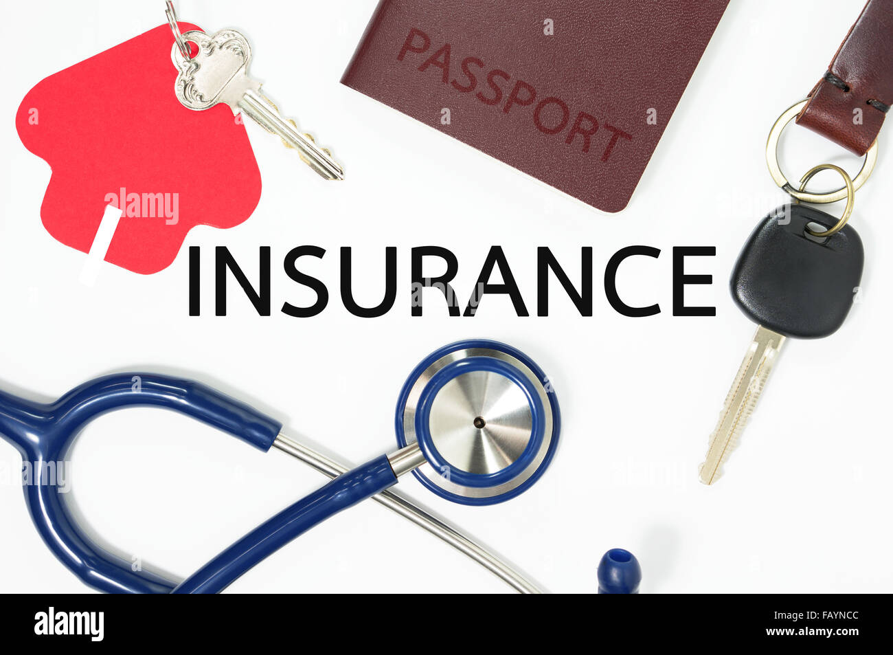 Concetto di assicurazione con molti tipi di assicurazione per la casa, auto, salute, viaggi, vita Foto Stock