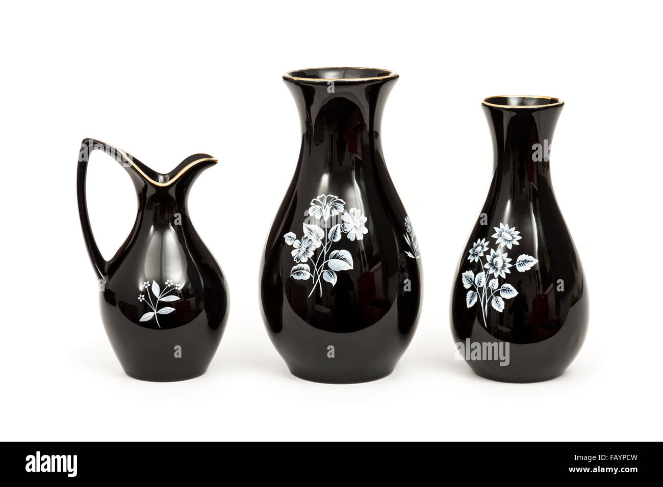 Set vintage degli anni sessanta Wade ceramiche "Ghiaccio nero' vasi floreali Foto Stock