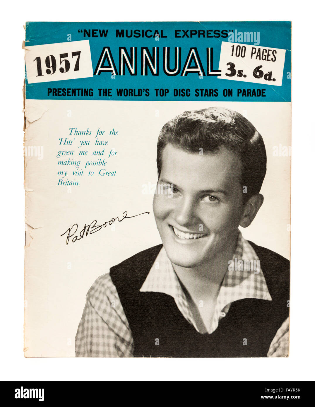 L'annata 1957 copia del New Musical Express (NME) music magazine con annuale Pat Boone sul coperchio anteriore. Foto Stock