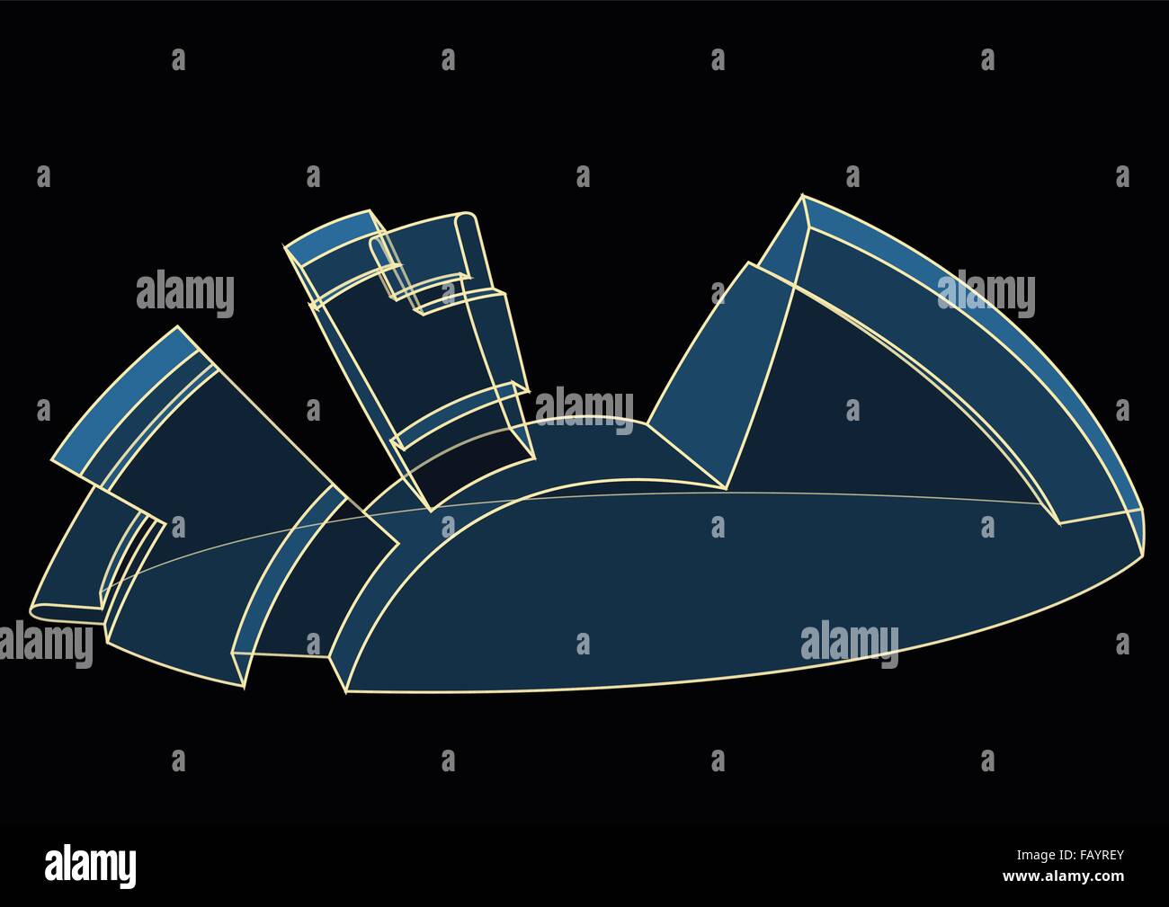 Un bel blu trasparente dissipatore di futuro 3D disco con contorno giallo su nero. Sfondo tecnologico appiattire illustrazione vettore master Illustrazione Vettoriale