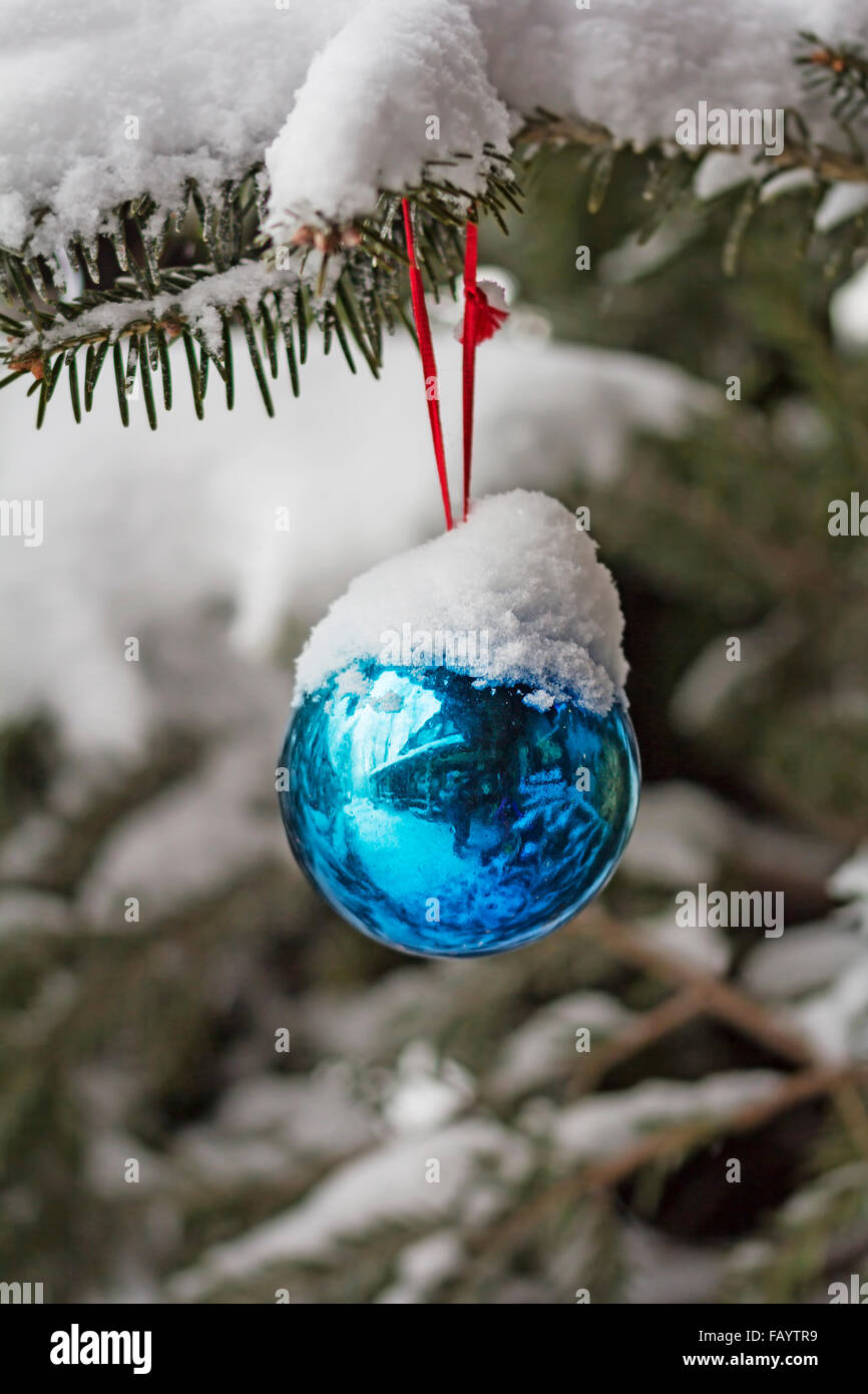 Natale Baubles blu sull'albero di Natale nella neve Foto Stock